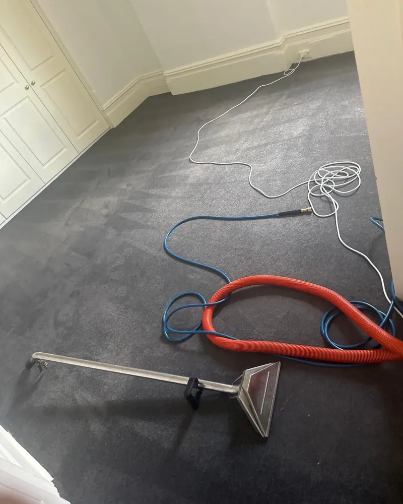 A bedroom with dark carpet freshly steam cleaned, hoses and wand still on the floor