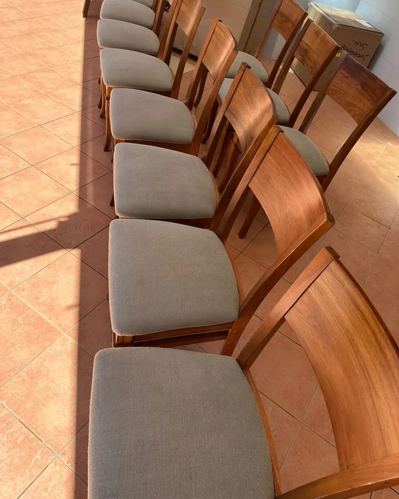 A row of timber dining chairs with freshly cleaned fabric seats